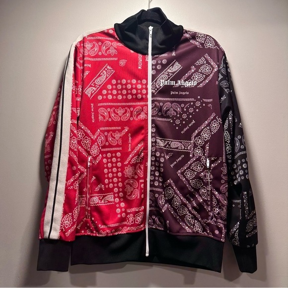 Palm Angels Bandana Track Jacket Zip Up Maroon & Red, Striped Sleeves XL Unisex - Picture 6 of 16